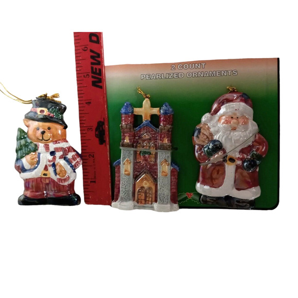 🎄 Vintage Ornament Trio | Santa Church Bear 🧸3–4" Tall Holiday Splendor ✨ - Picture 9 of 14